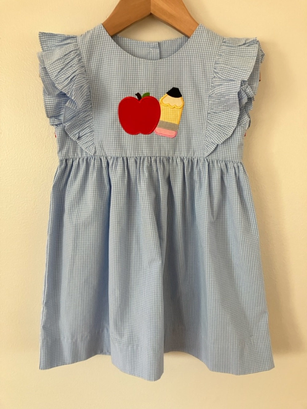 Stitchy Fish 3T Light Blue Gingham Dress with Apple & Pencil Appliqué